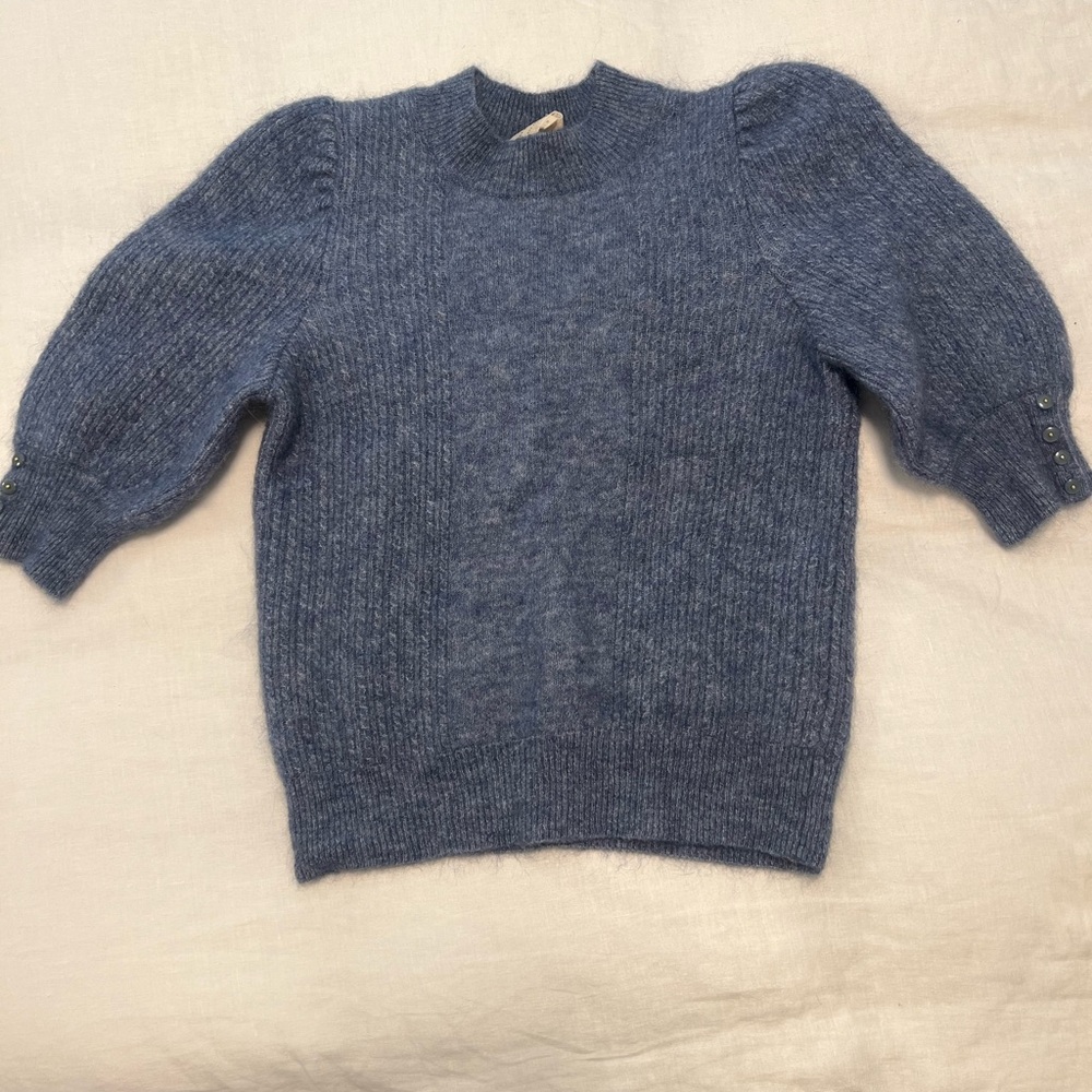 Sezane Heathered Blue Puff-Sleeve Turtleneck Sweater